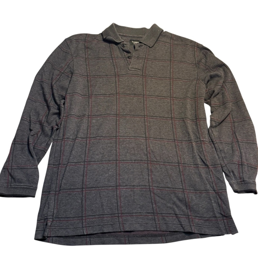 Haggar Men’s Pullover Medium Charcoal Grey Windowpane Polo Shirt Maroon Green